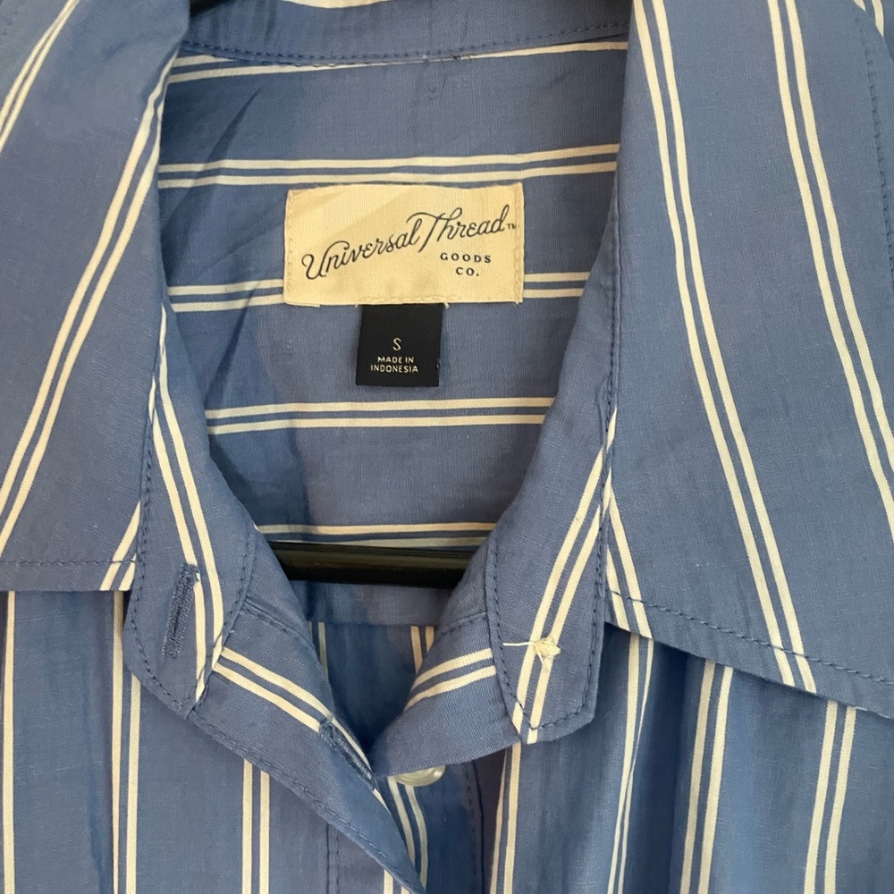 Universal Thread Blue Striped Button-Front Shirt Dress with Tie Waist - Picture 3 of 6